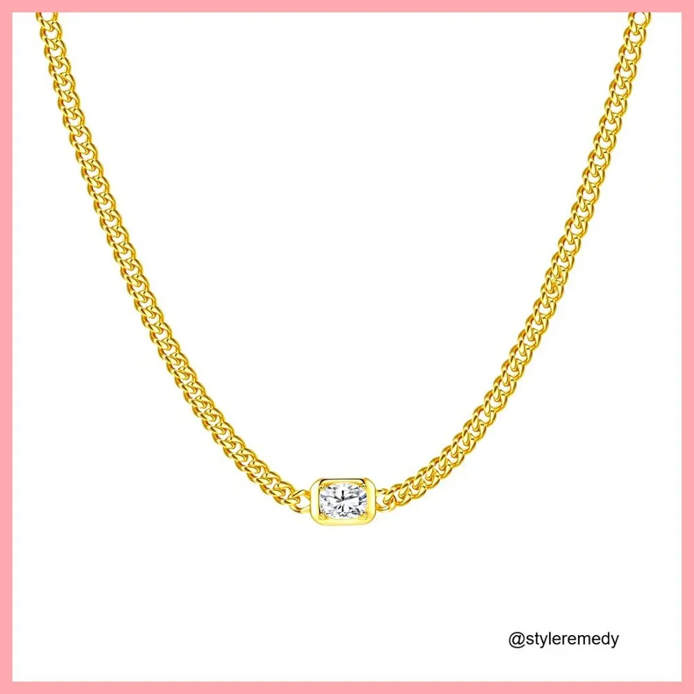 Adjustable 14K Gold Plated Cuban Link Necklace with Cubic Zirconia Charm